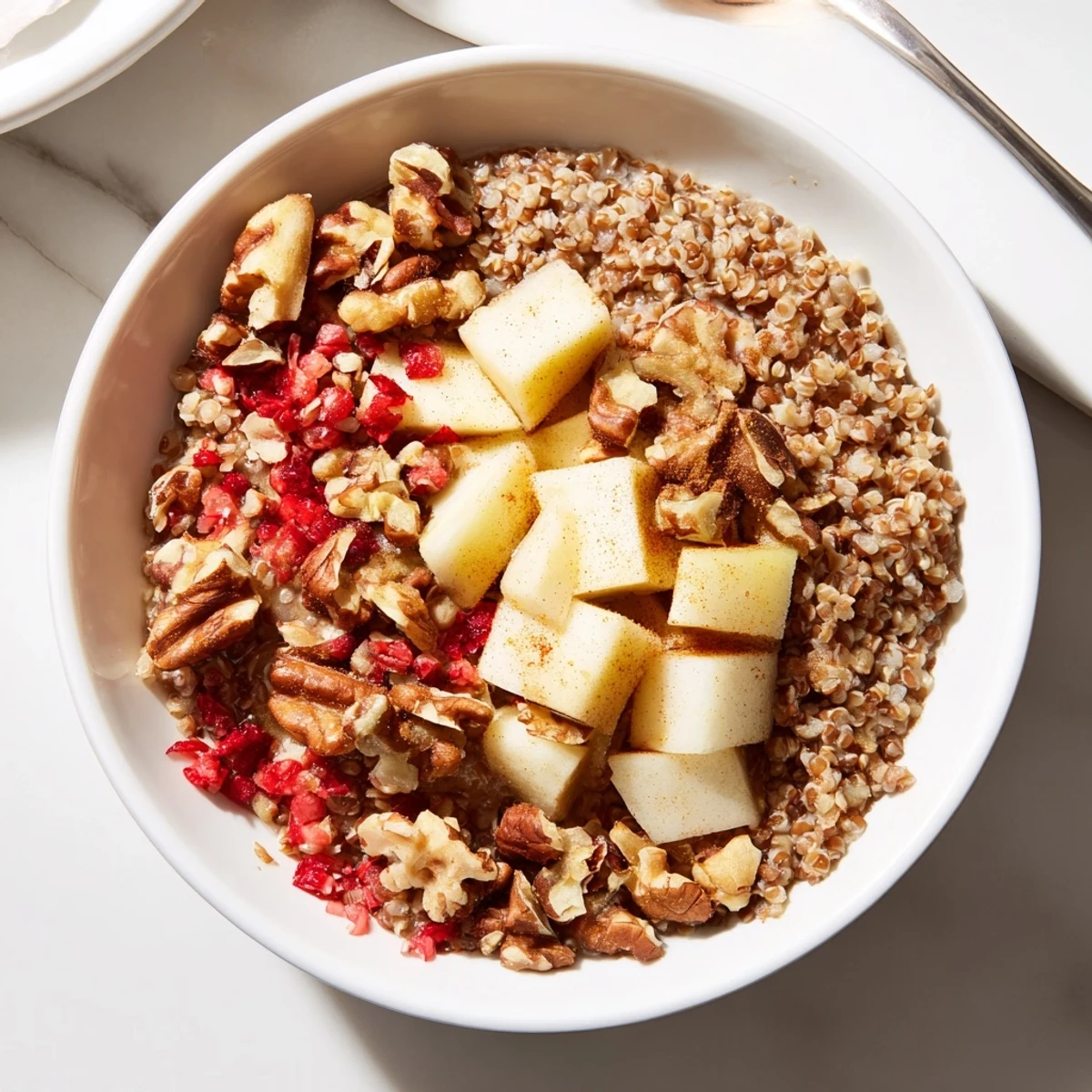 Fluffy buckwheat groats with mixed nuts and diced fruit, served with milk for a cozy start.