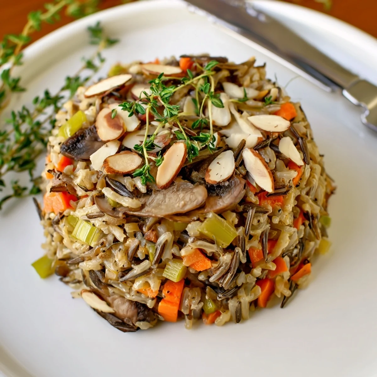 Wild Rice and Mushroom Pilaf in a rustic bowl, featuring earthy mushrooms and vibrant herbs for a hearty side.