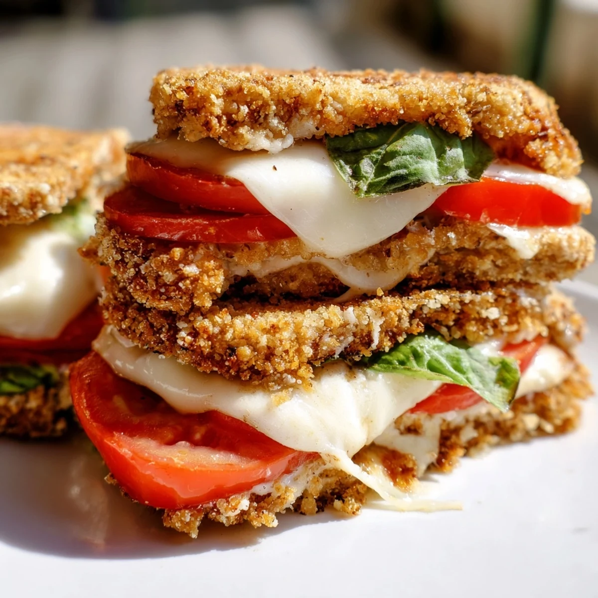 A golden, crispy chicken caprese sandwich sits on a wooden board, layered with melted mozzarella and ripe tomato slices on toasted ciabatta.  