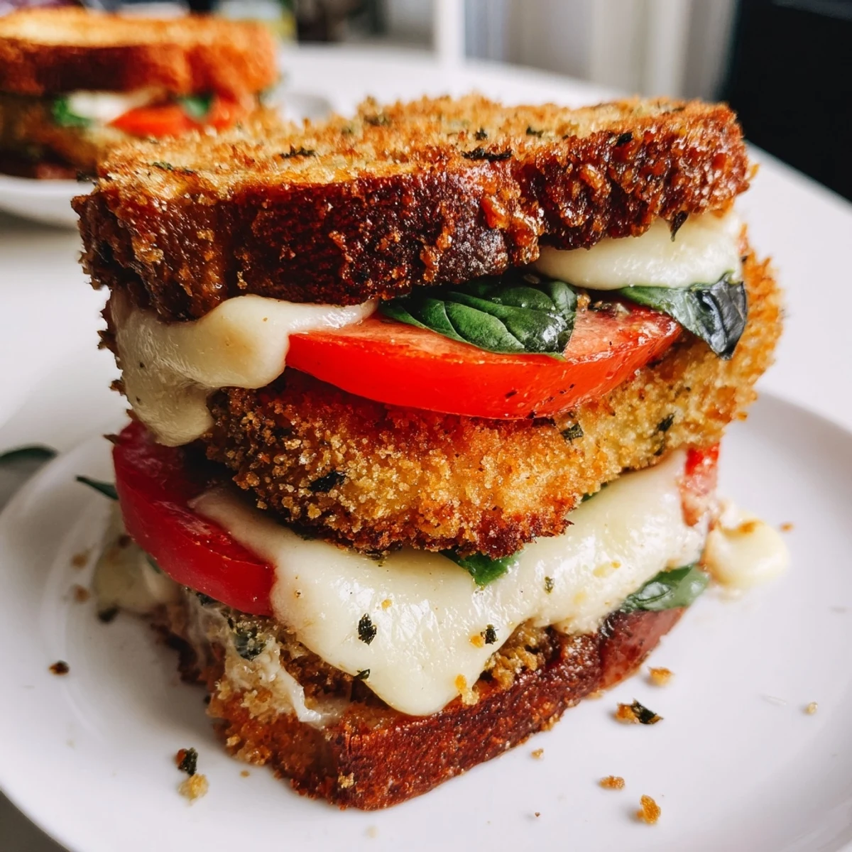 The crispy chicken caprese sandwich is assembled with fresh basil leaves and a drizzle of balsamic glaze, ready to serve.  