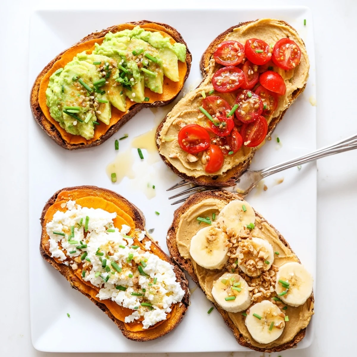 Golden roasted sweet potato slices topped with creamy avocado, cherry tomatoes, and fresh chives, served warm for a savory breakfast.  