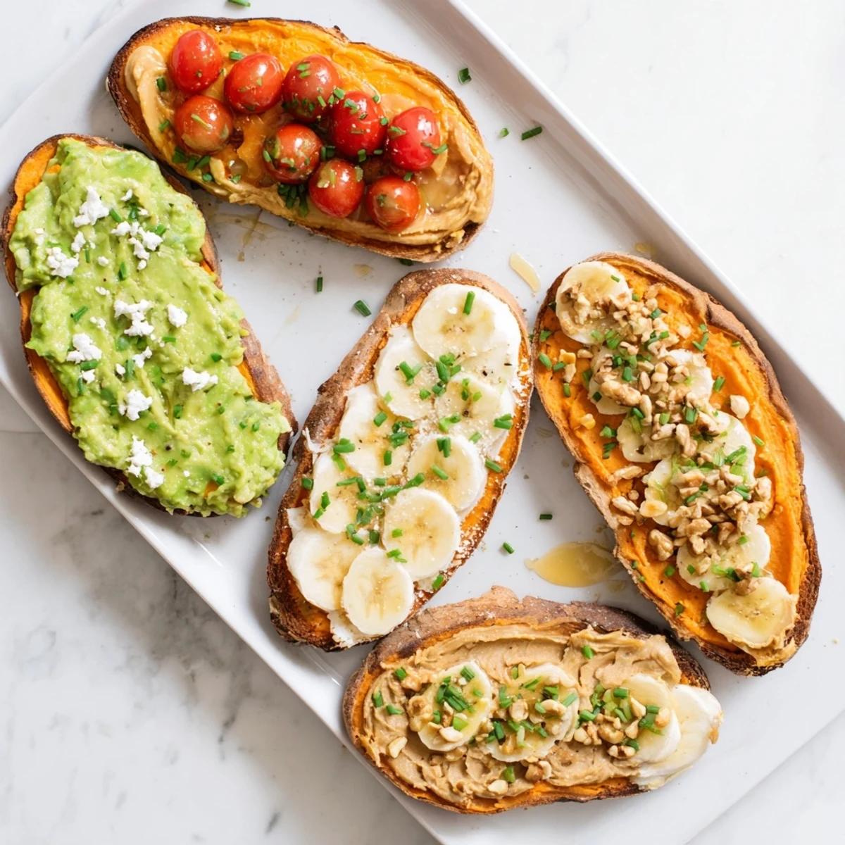 Four colorful sweet potato toasts on a wooden board, featuring peanut butter, banana slices, granola, and a drizzle of honey.  
