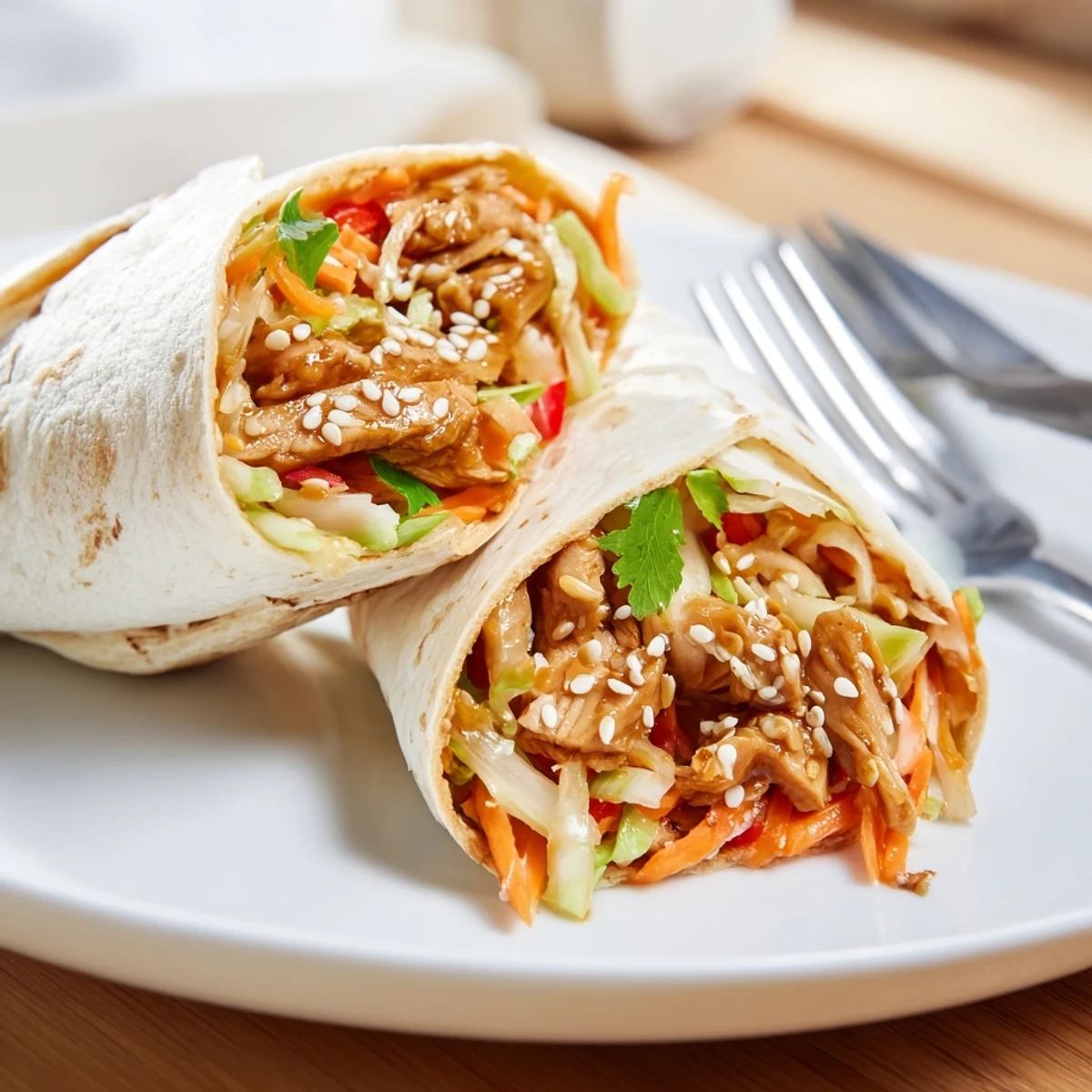 Warm flour tortilla rolled with glossy teriyaki glazed chicken, crunchy cabbage, carrots, and fresh cilantro for an easy lunch.  