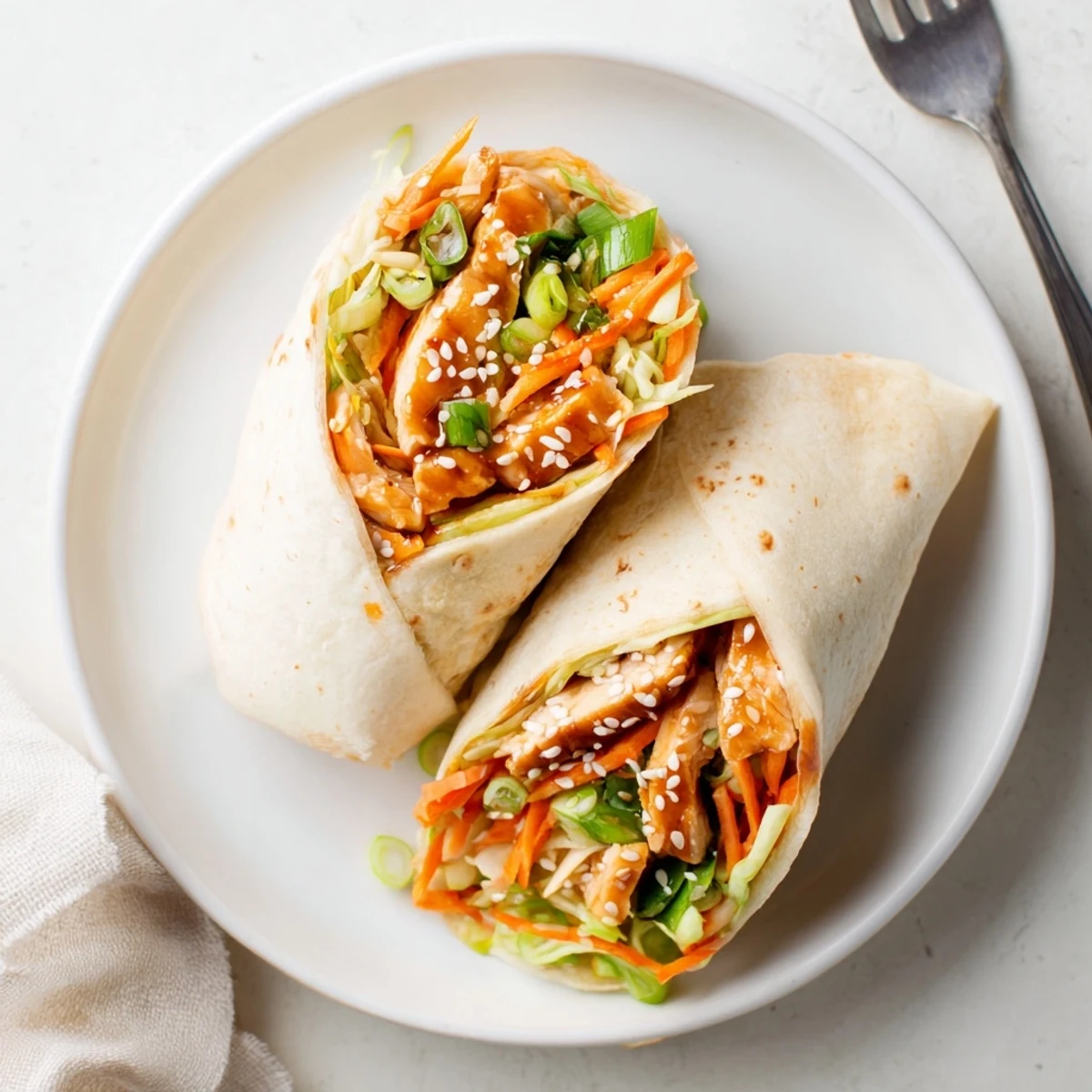Quick Teriyaki Chicken Wrap with golden chicken strips, shredded cabbage and carrots, ready to eat with sesame garnish.
