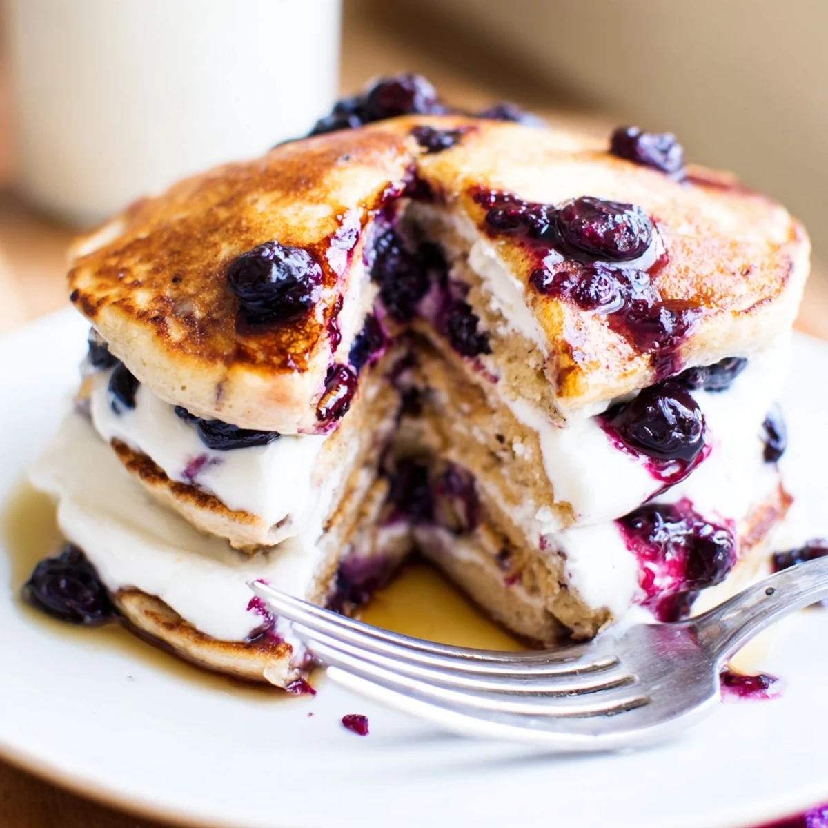 Golden-brown Protein Power Pancakes stacked high, drizzled with maple syrup and topped with fresh blueberries on a rustic wooden plate.  