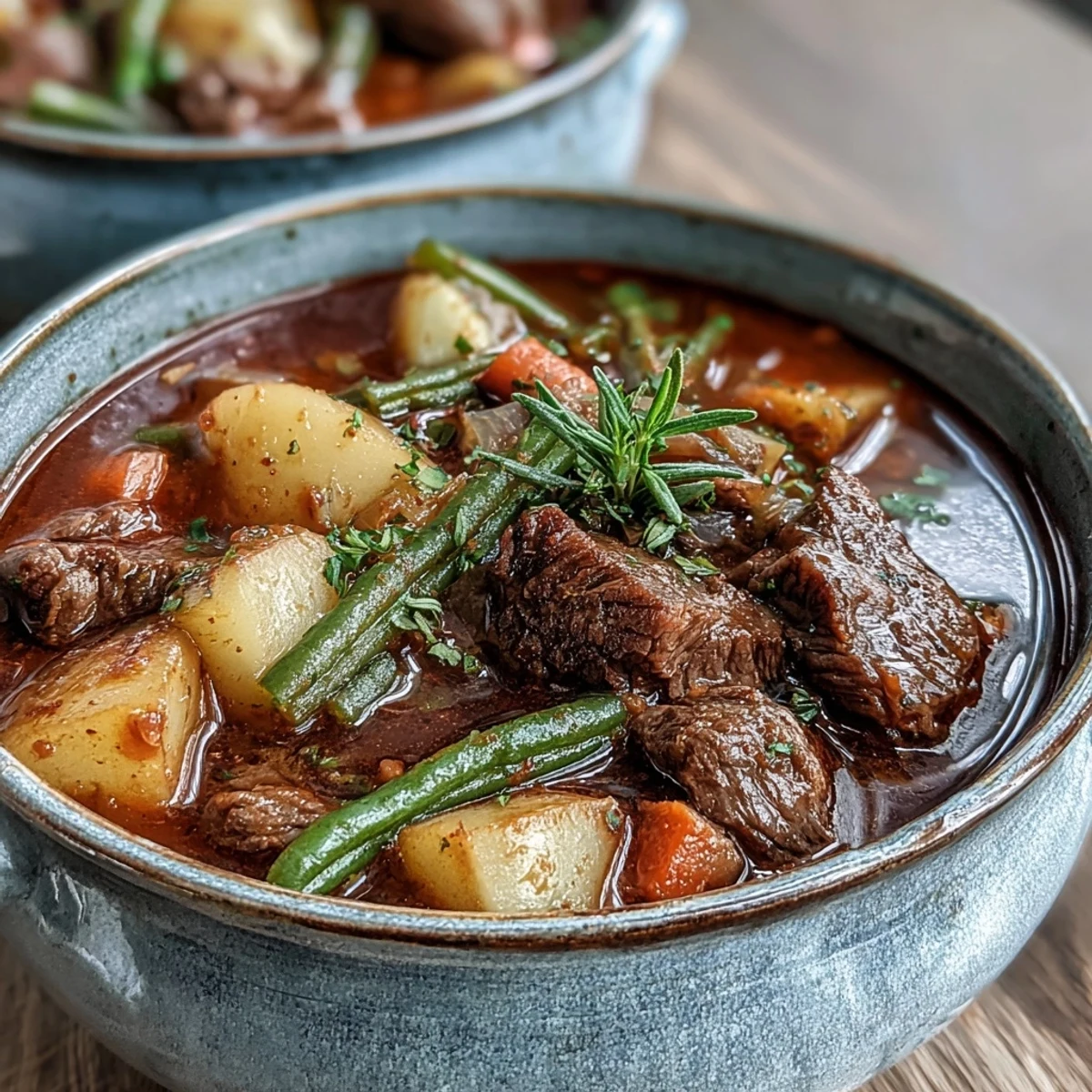 Close-up of a comforting Beef and Vegetable Soup served with crusty bread, highlighting savory beef and colorful root vegetables.