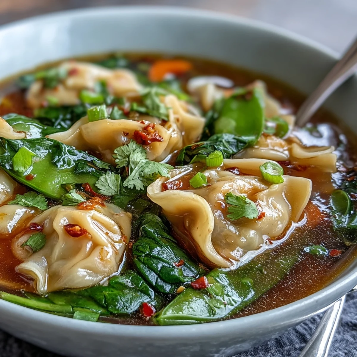 Close-up of Red Curry Wonton Soup With Greens topped with fresh cilantro and chili slices, served hot with lime wedges on the side.