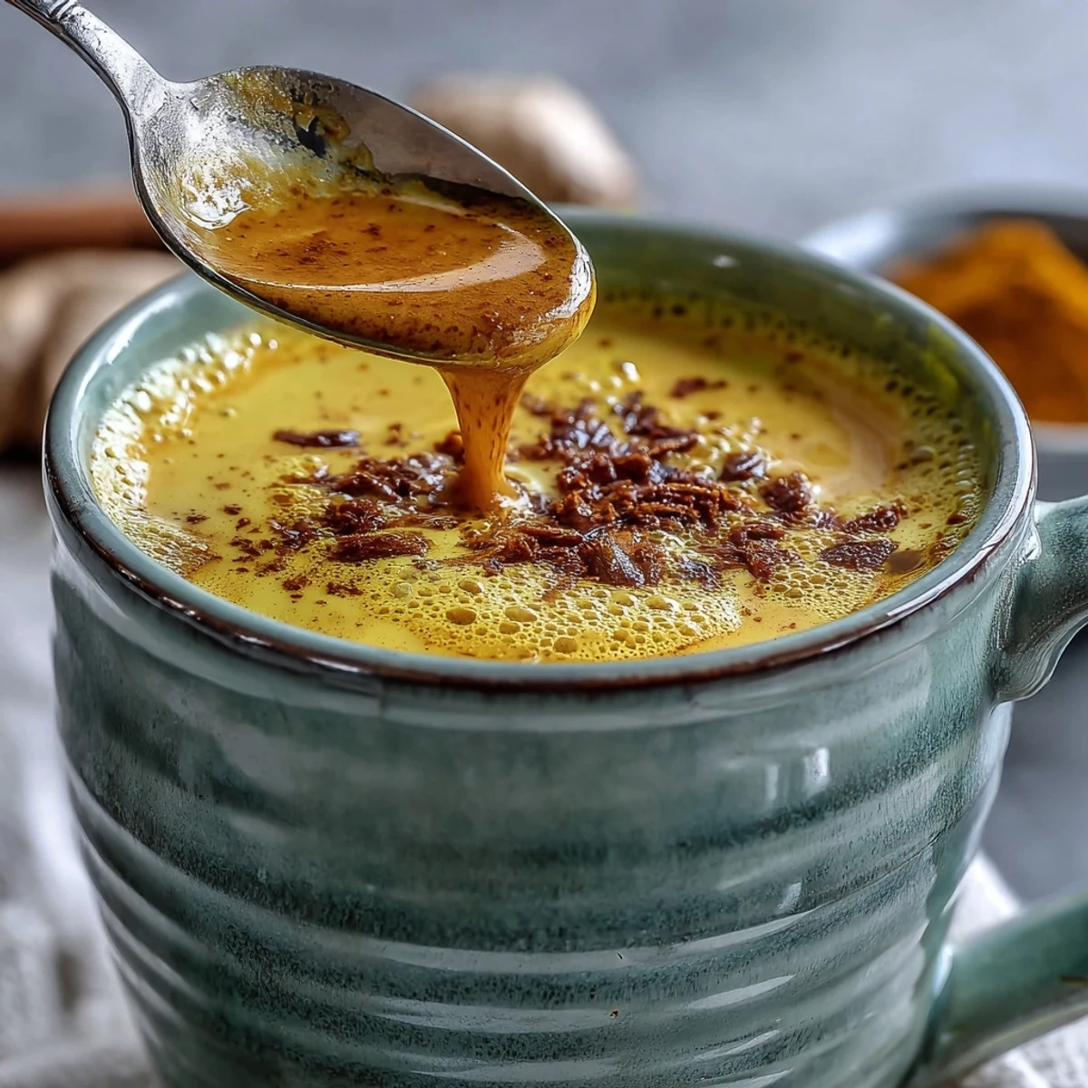 Vivid golden-hued Turmeric and Ginger Golden Milk in a rustic mug, topped with a light dusting of cinnamon.