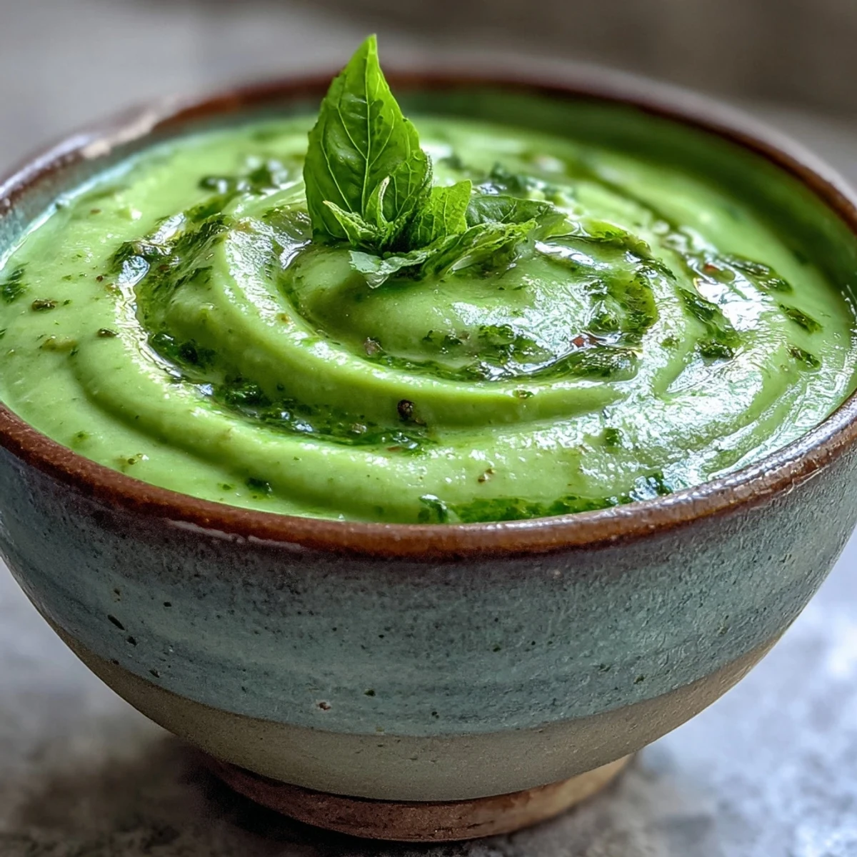 Creamy Courgette, Pea and Pesto Soup swirls with bright green pesto in a rustic bowl.