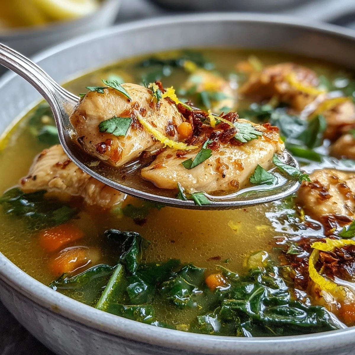 Spoon lifting a serving of High Protein Lemon and Turmeric Chicken Soup, revealing golden broth, diced chicken, and bright flecks of turmeric spice.