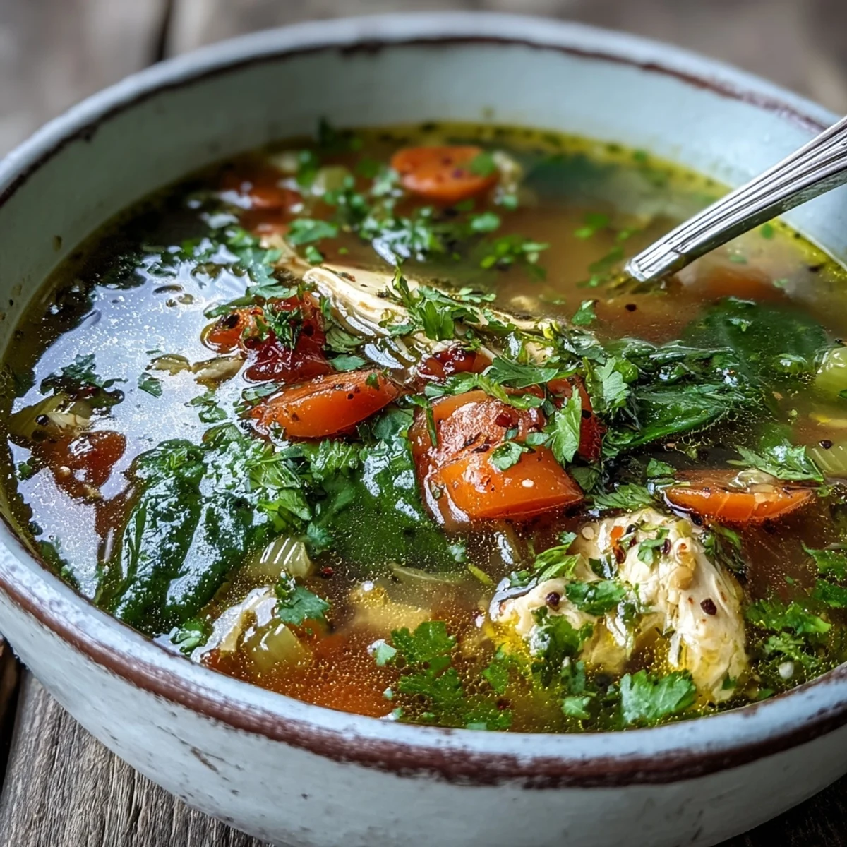 Bright yellow turmeric chicken soup in a white bowl with fresh cilantro garnish.