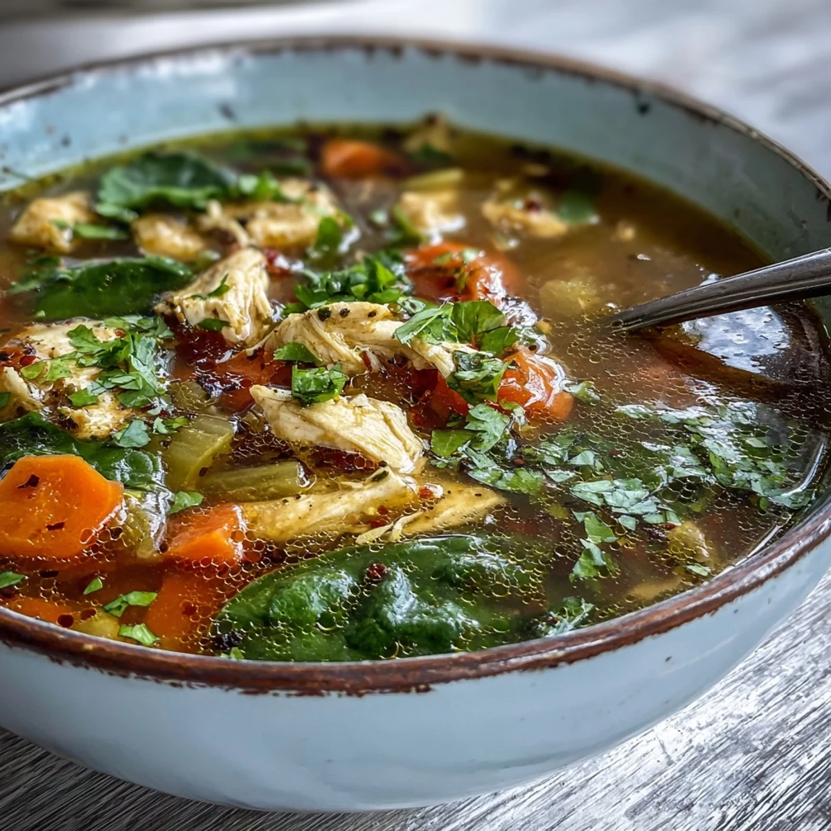 Close-up of a steaming bowl of turmeric chicken soup with fresh herbs on top.