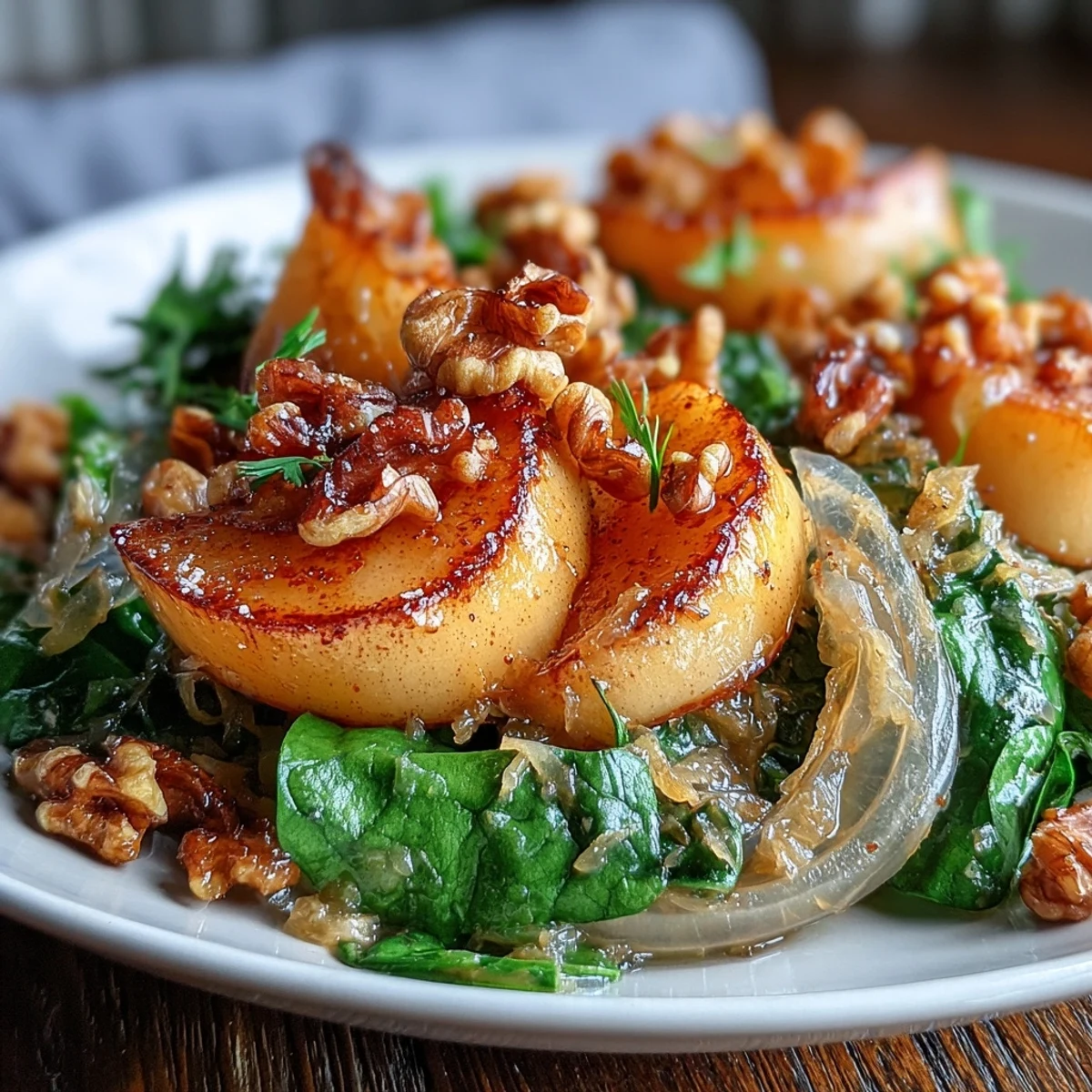 A serving of Warm Apple and Sauerkraut Skillet Salad topped with toasted walnuts and fresh parsley, paired with pork.