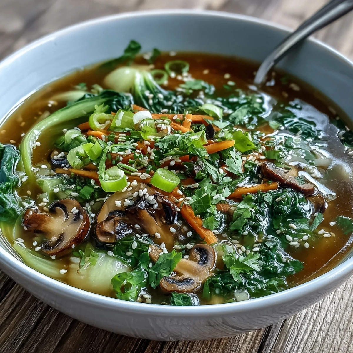 Close-up of Miso Ginger Winter Soup featuring julienned carrots and a drizzle of chili oil.