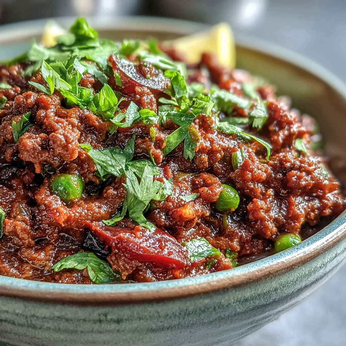 Steaming Venison Keema Curry topped with fresh cilantro is served alongside fluffy basmati rice and lemon wedges.