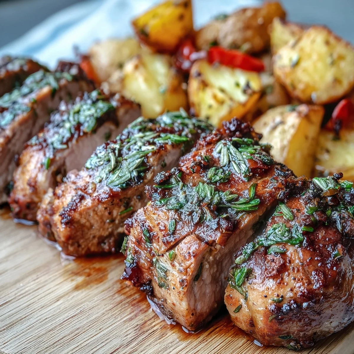 Succulent Marinated Ibérico Pork Fillet sliced on a platter, garnished with fresh lemon and thyme, ready to serve with rustic potatoes.