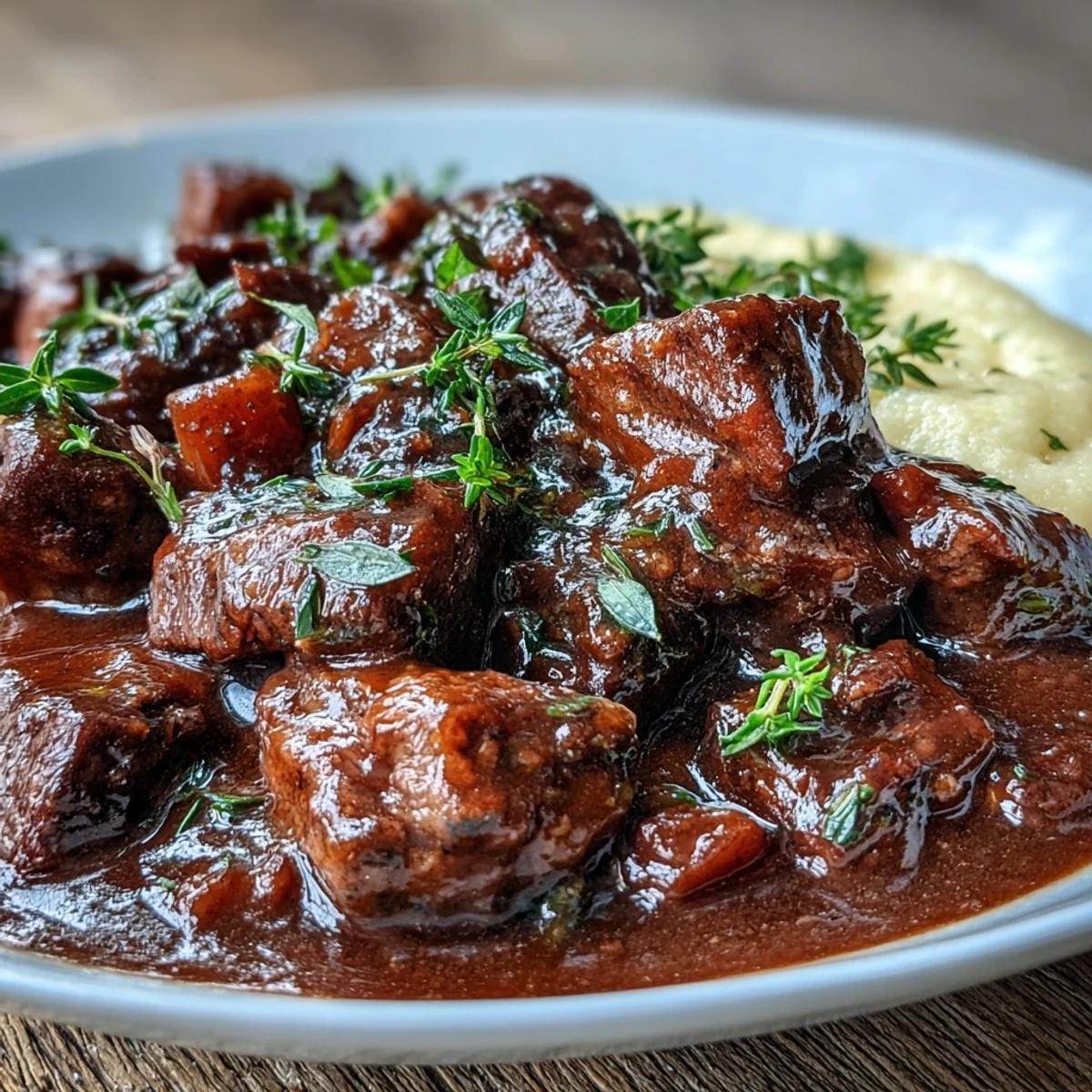 Creamy polenta topped with rich Venison Stew with Sloe Gin, garnished with fresh thyme.