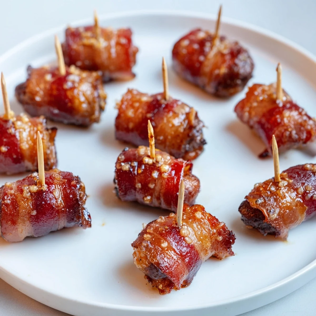 Golden-brown 3-Ingredient Bacon-Wrapped Smokies, crispy bacon and sweet caramelized sugar.