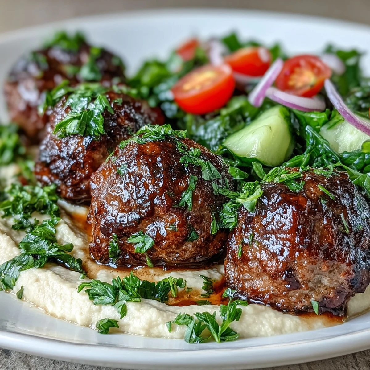 Golden-brown venison meatballs with spiced salad and creamy hummus on a rustic plate.