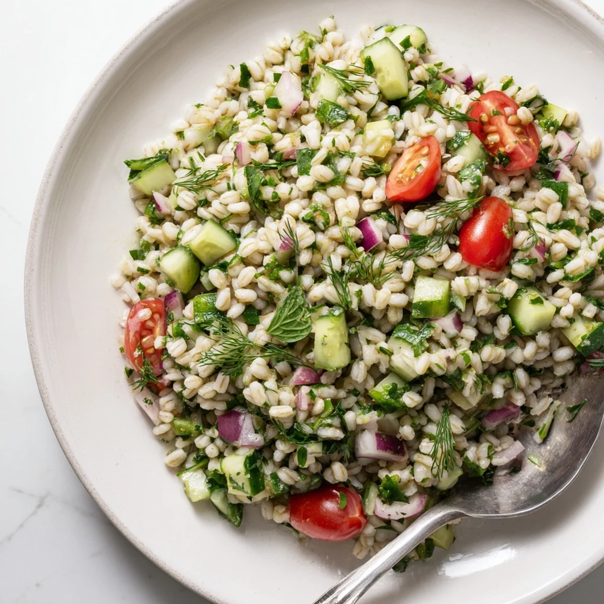 A Mediterranean barley and herb salad featuring crisp cucumbers and red onion, drizzled with lemon dressing and garnished with fresh herbs.