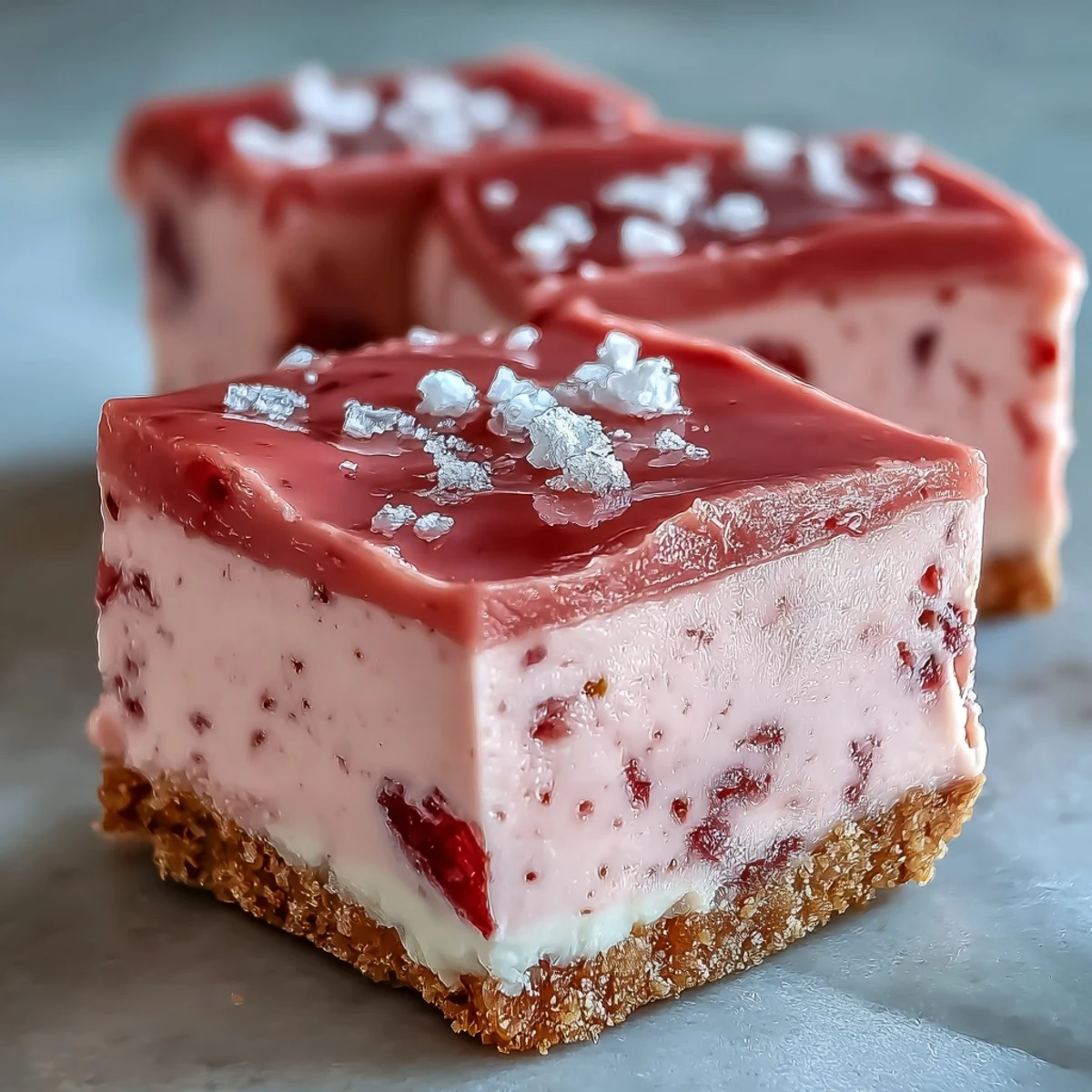 Vibrant No-Bake Strawberry Fudge Squares displayed on a white plate, showcasing the smooth white chocolate and strawberry filling and the golden crust underneath. A glass of milk sits nearby, perfect for serving.