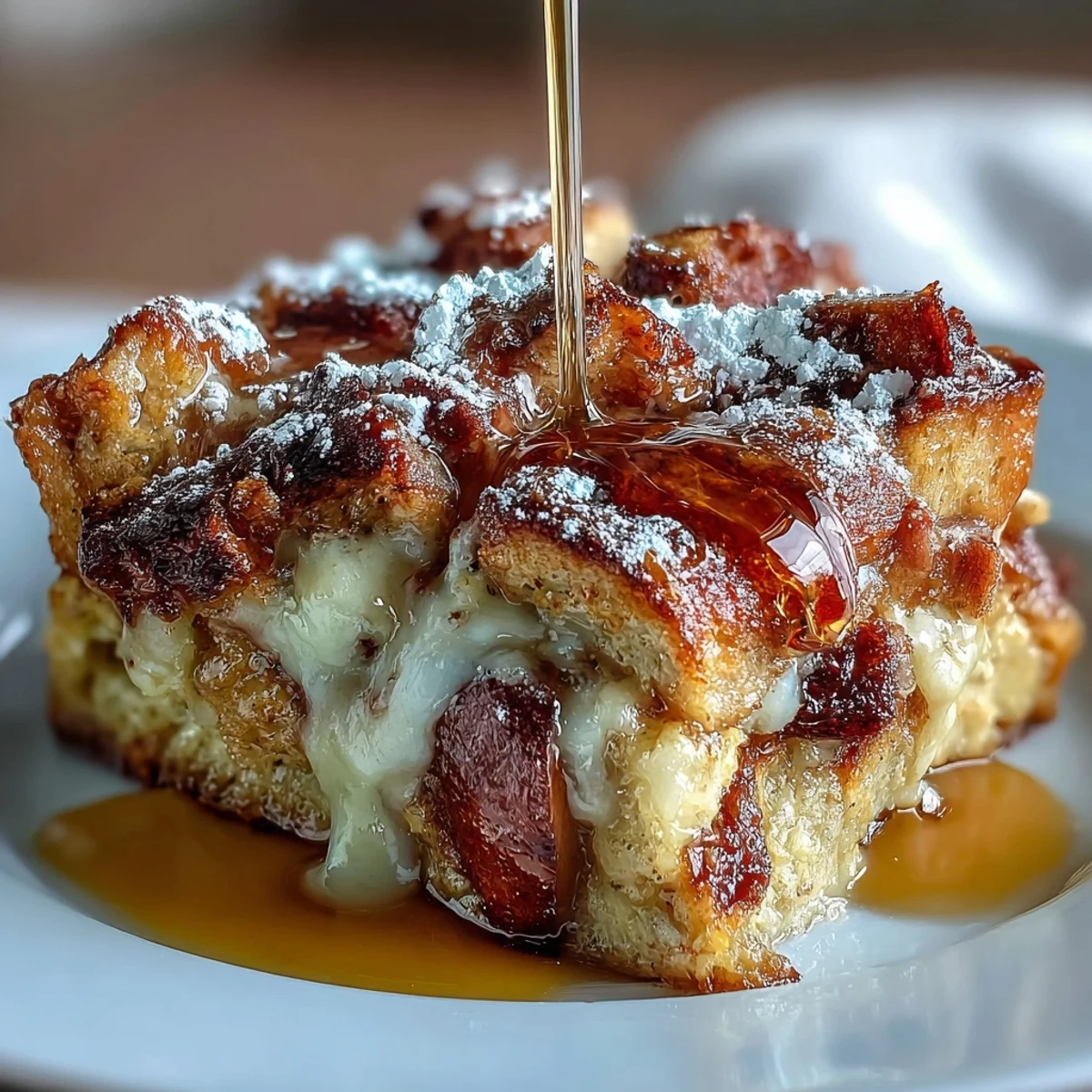 Freshly baked Monte Cristo Breakfast Casserole with golden brown cheese and a dusting of powdered sugar, ready to slice.