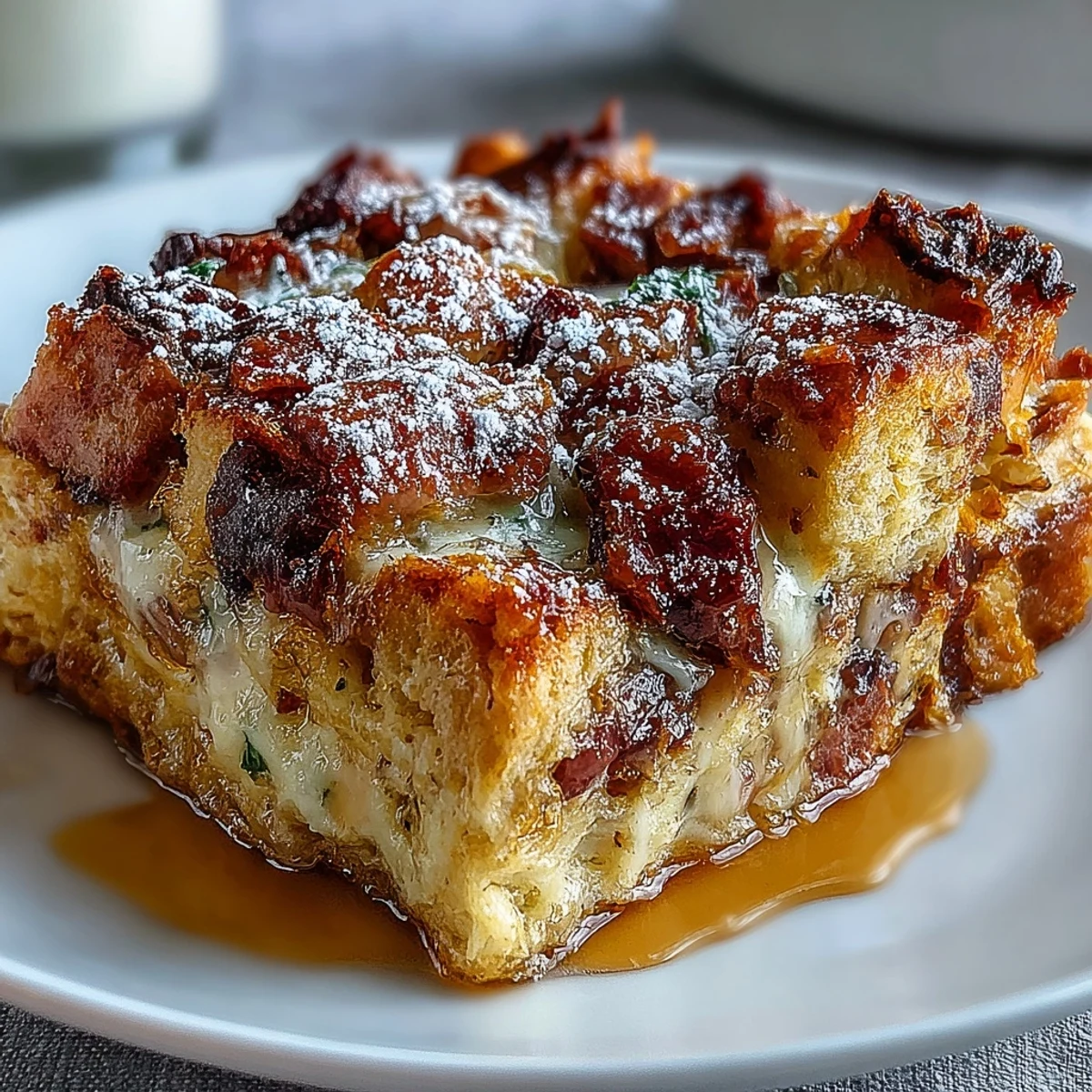 Monte Cristo Breakfast Casserole with fluffy eggs, ham, turkey, and Swiss cheese topped with maple syrup and berries.