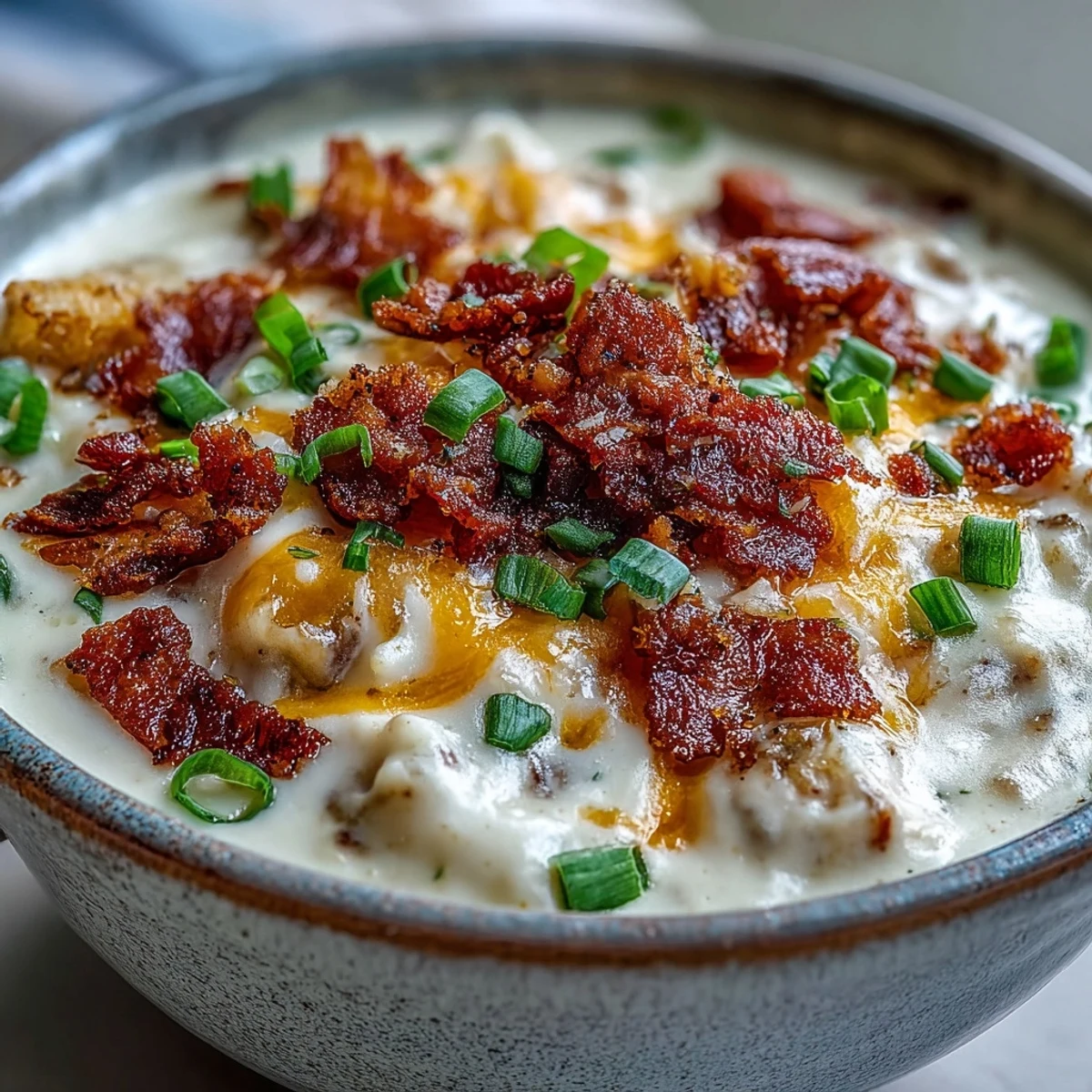 A bowl of Loaded Potato Soup topped with melted cheddar, crispy bacon, and fresh green onions, steaming gently.