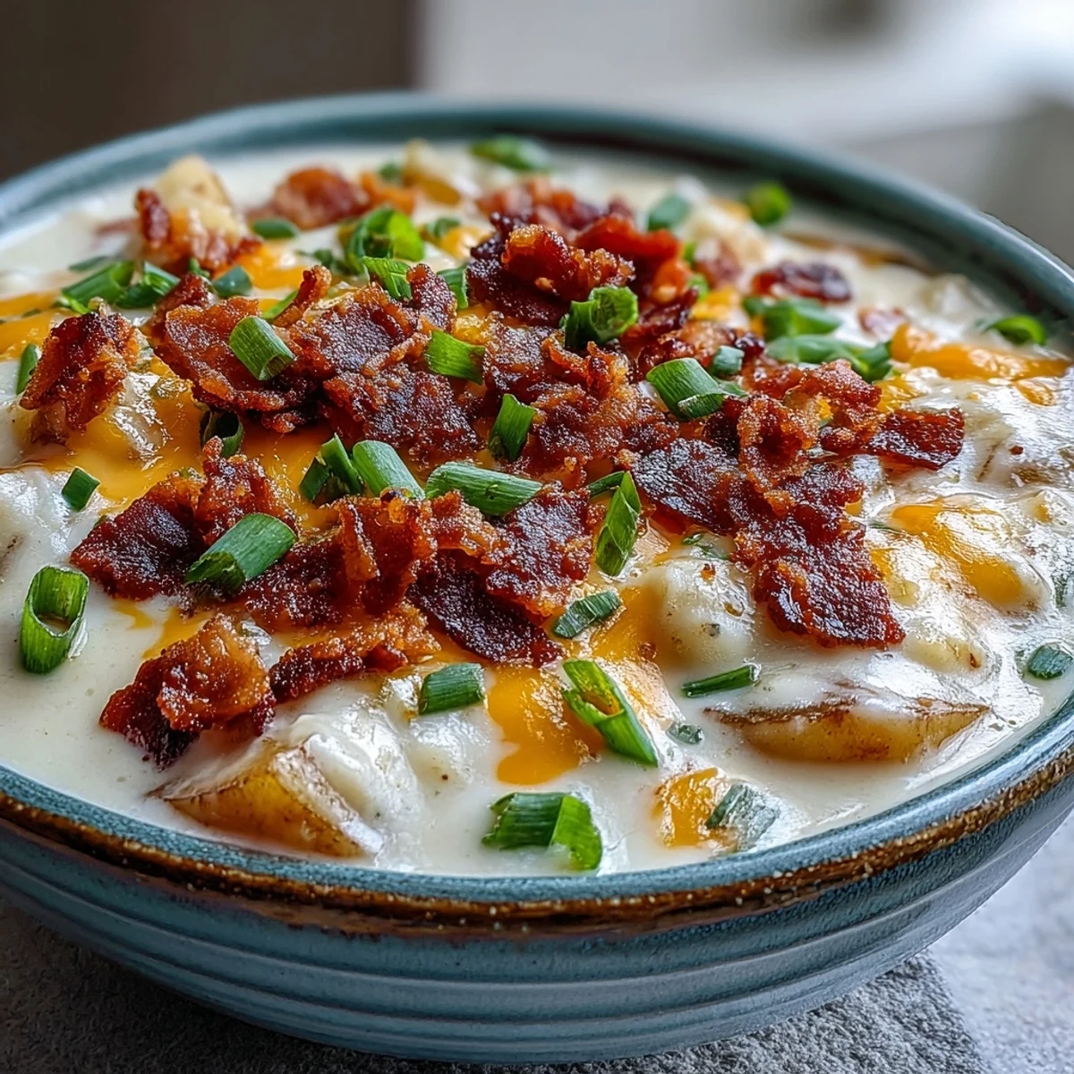 Velvety Loaded Potato Soup in a rustic bowl, garnished with green onions and cheddar, ready to enjoy hot.