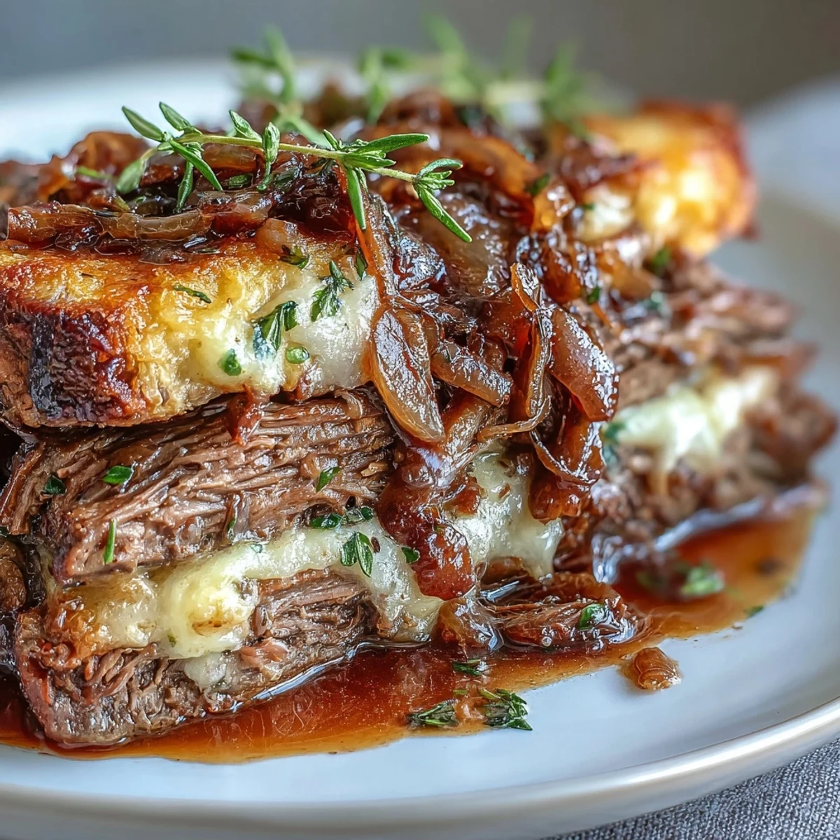 Savory Crock Pot French Onion Pot Roast with tender beef and gooey Gruyere, garnished with parsley.