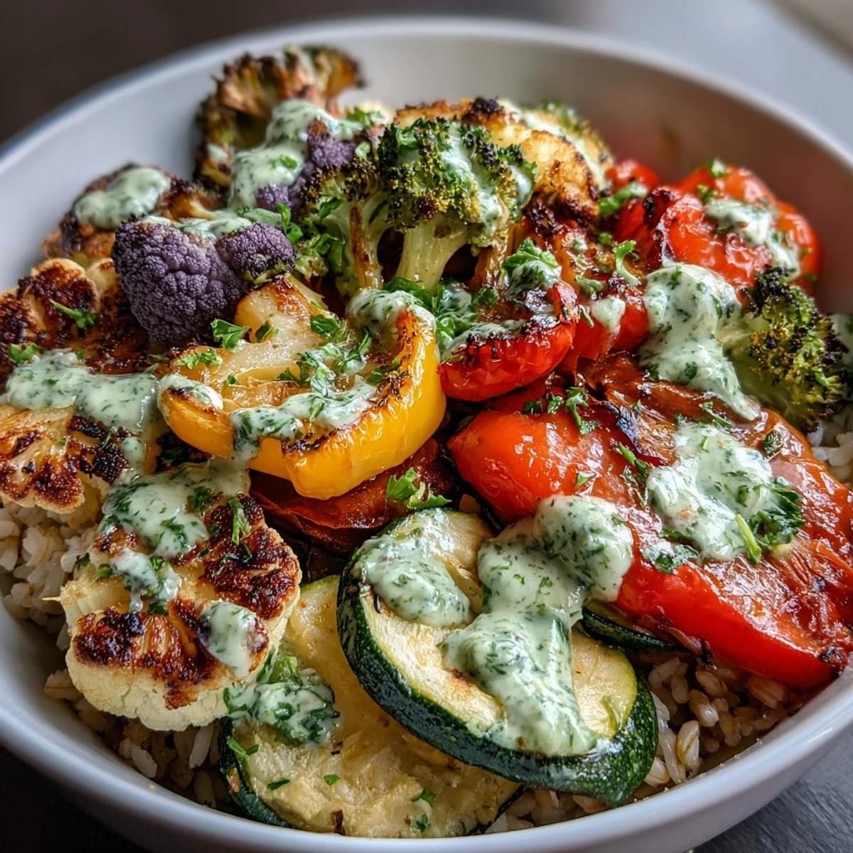 Freshly roasted Rainbow Roasted Vegetable Bowl with caramelized peppers and zucchini, served over brown rice and drizzled with green herb sauce.