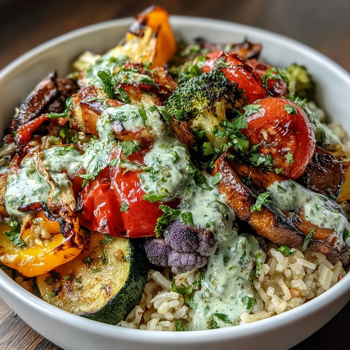 Vibrant Rainbow Roasted Vegetable Bowl on a table with fluffy grains and herb drizzle, ready to eat for a healthy dinner.