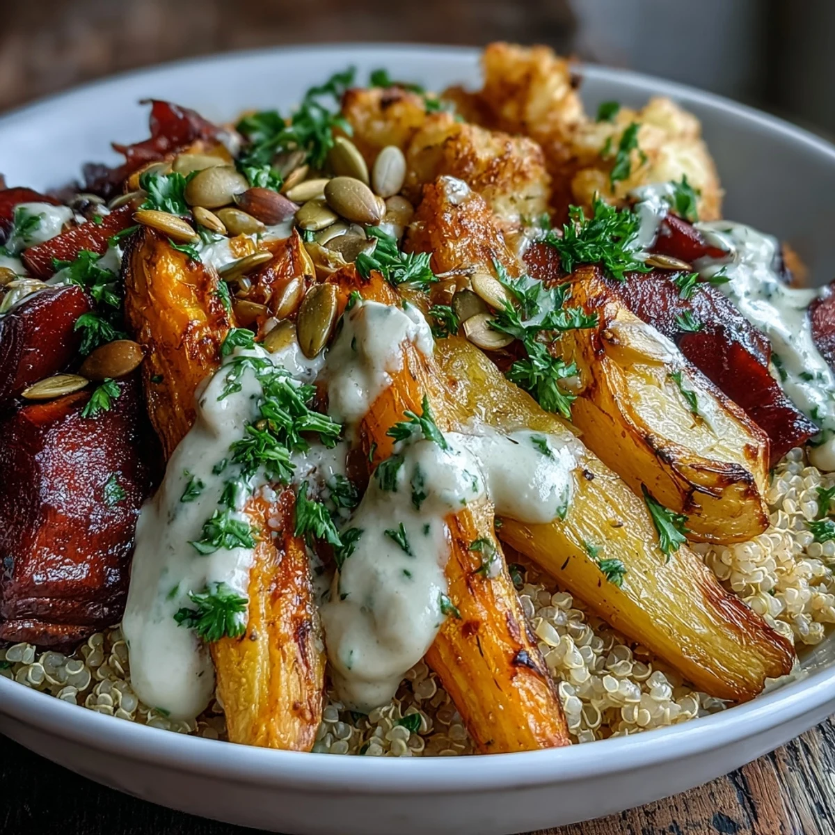 Caramelized roasted root vegetables and fluffy quinoa are drizzled with creamy tahini sauce in this nourishing bowl.