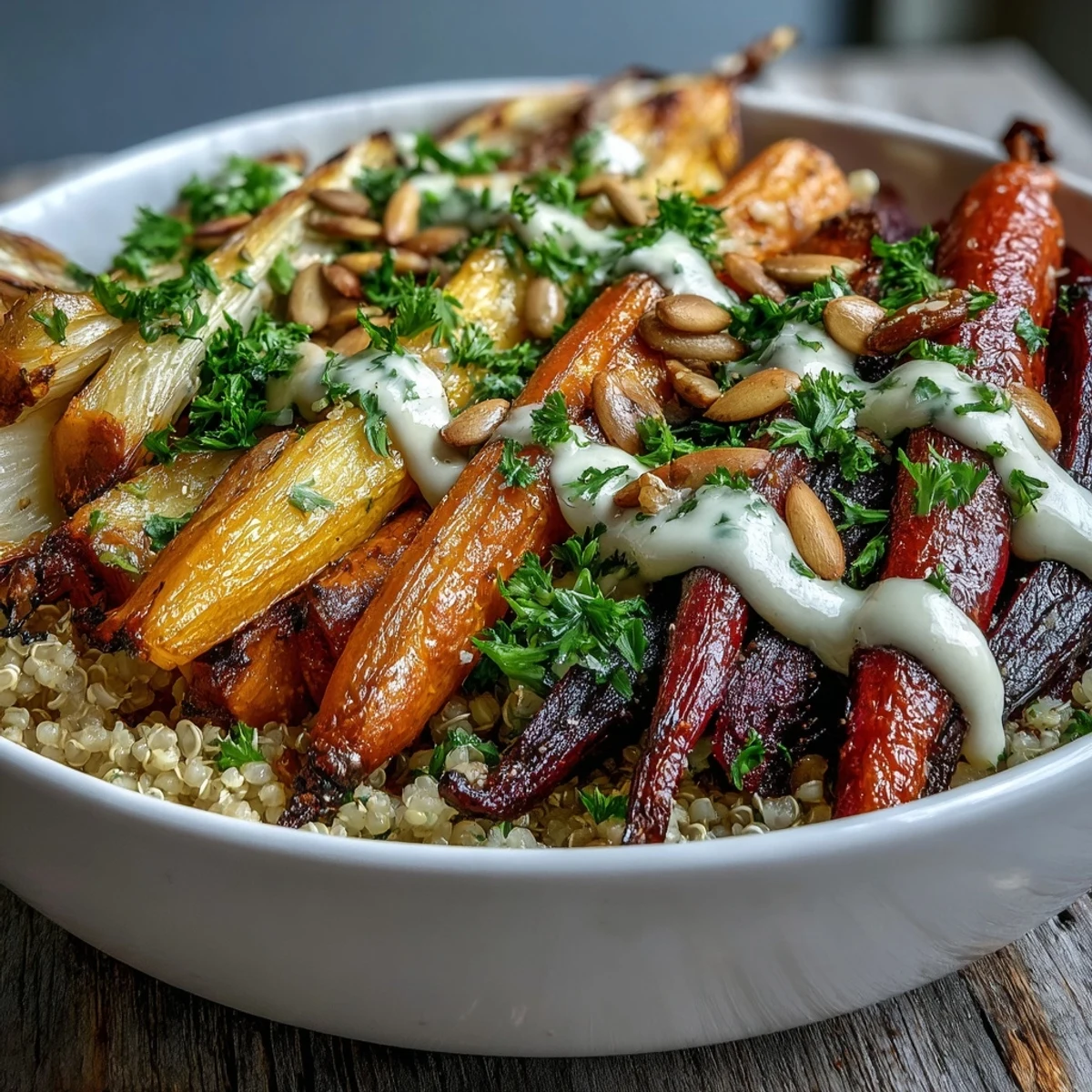 Colorful roasted root vegetable bowl with golden parsnips, beets, and carrots, completed by a bright lemony tahini drizzle.