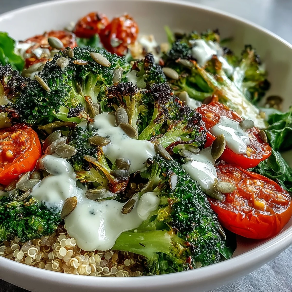 A close-up of a vibrant Vegetable and Legume Bowl featuring golden roasted zucchini, fresh parsley, and lemon wedges for serving.