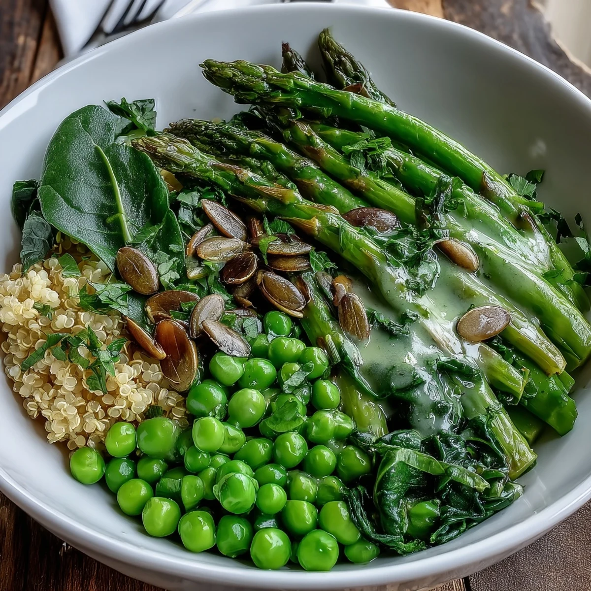Vibrant Spring Green Bowl loaded with blanched peas, crisp asparagus, and spinach over fluffy quinoa with lemon dressing.