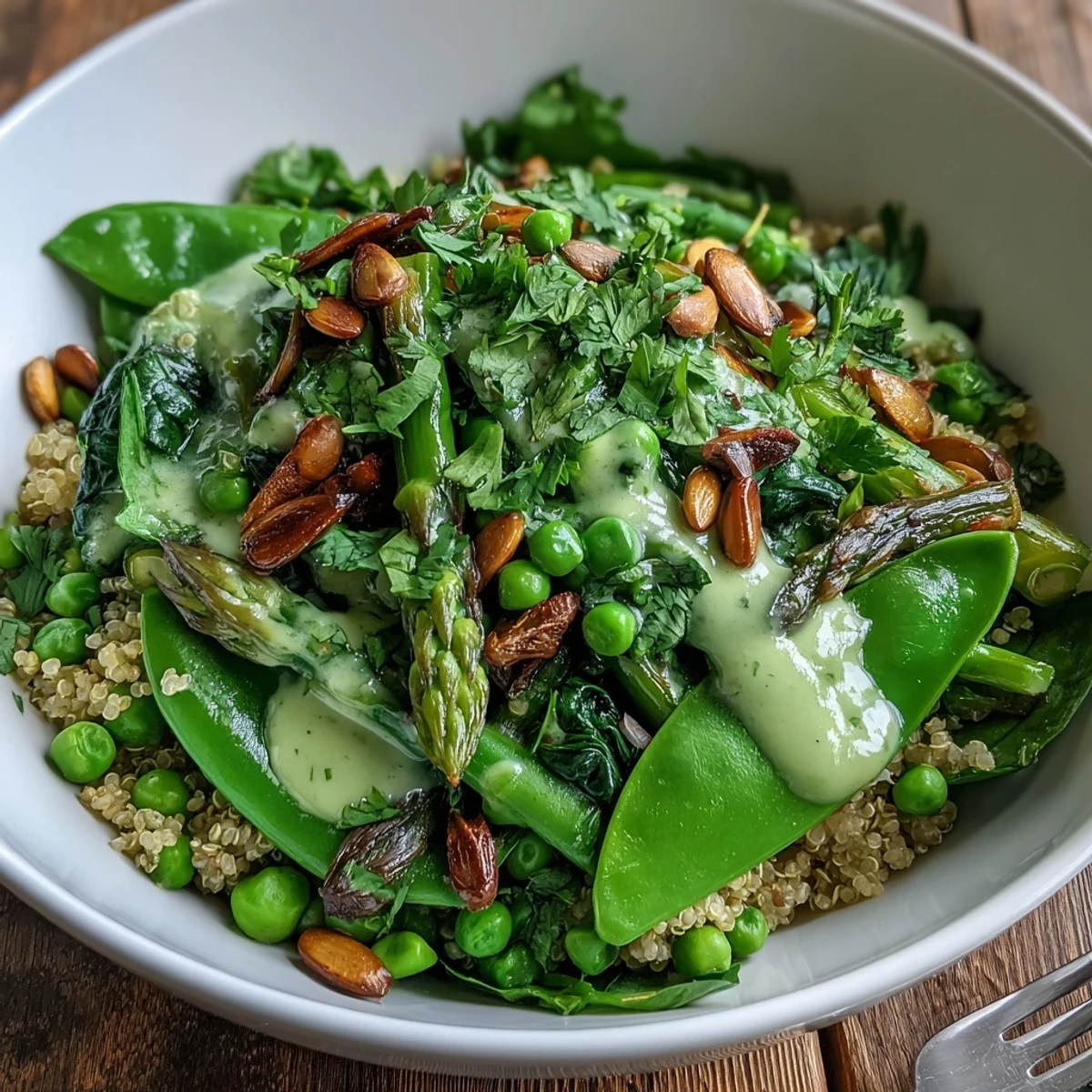 Colorful Spring Green Bowl garnished with seeds, fresh herbs, and creamy feta, served ready to eat for lunch.