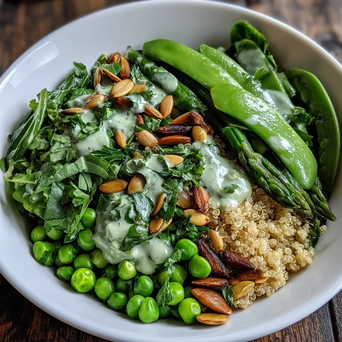 Fresh Spring Green Bowl featuring bright green beans, tender grains, and zesty lemon dressing, a wholesome vegan main dish.