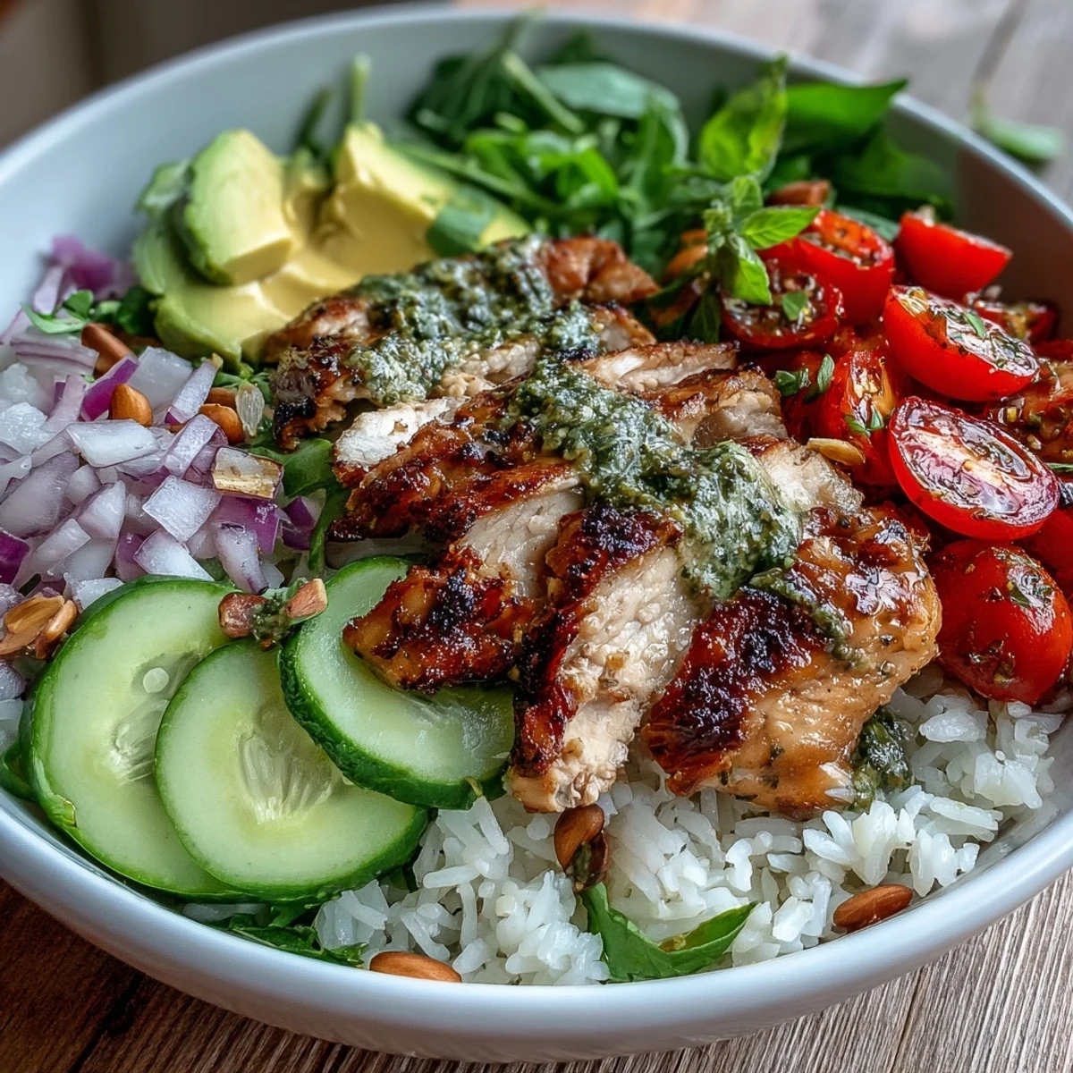 Freshly cooked Pesto Chicken Bowl featuring tender chicken, fluffy rice, and vibrant avocado slices, garnished with basil.