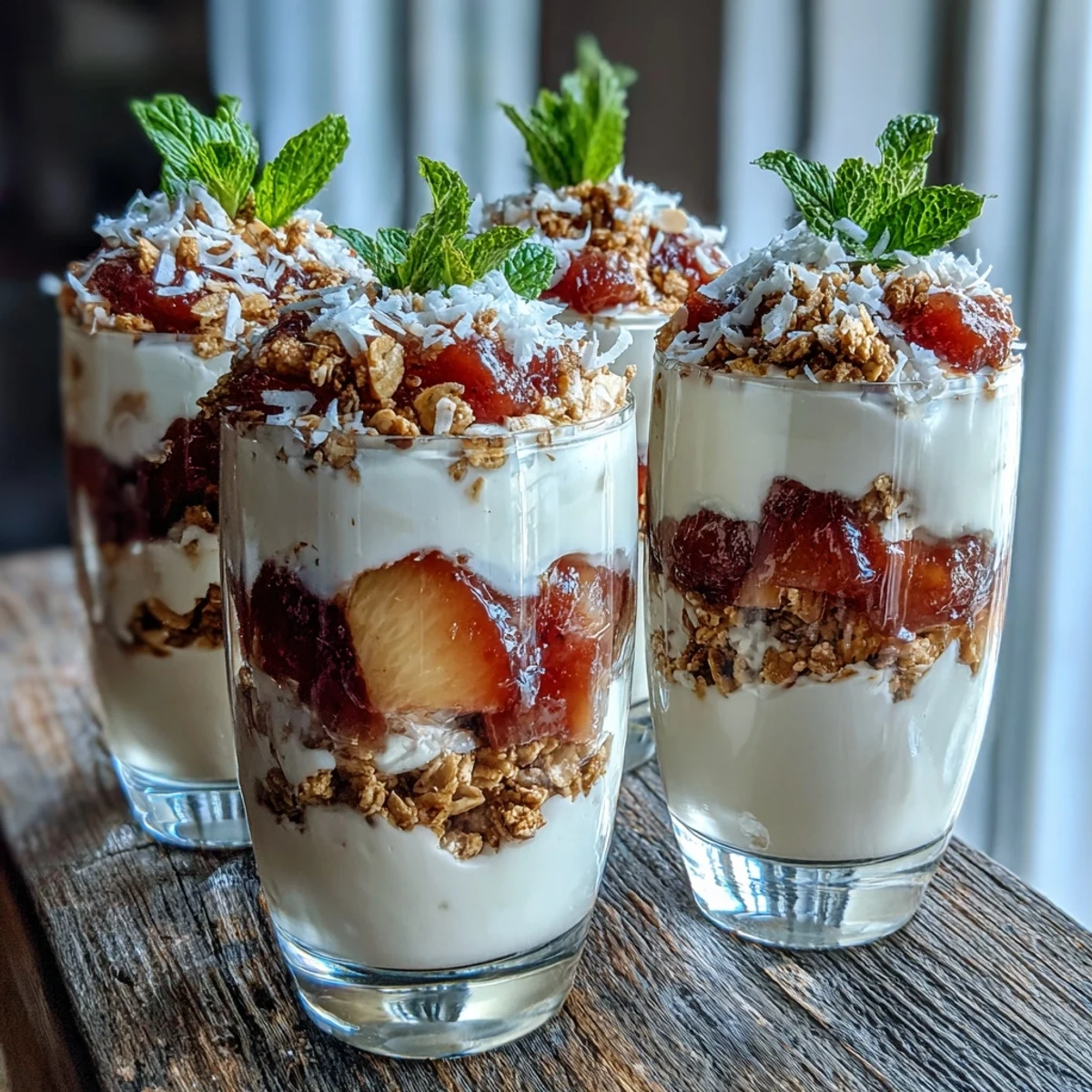Sunlit guava yogurt parfait topped with mint and coconut, ready for a refreshing breakfast or light dessert.
