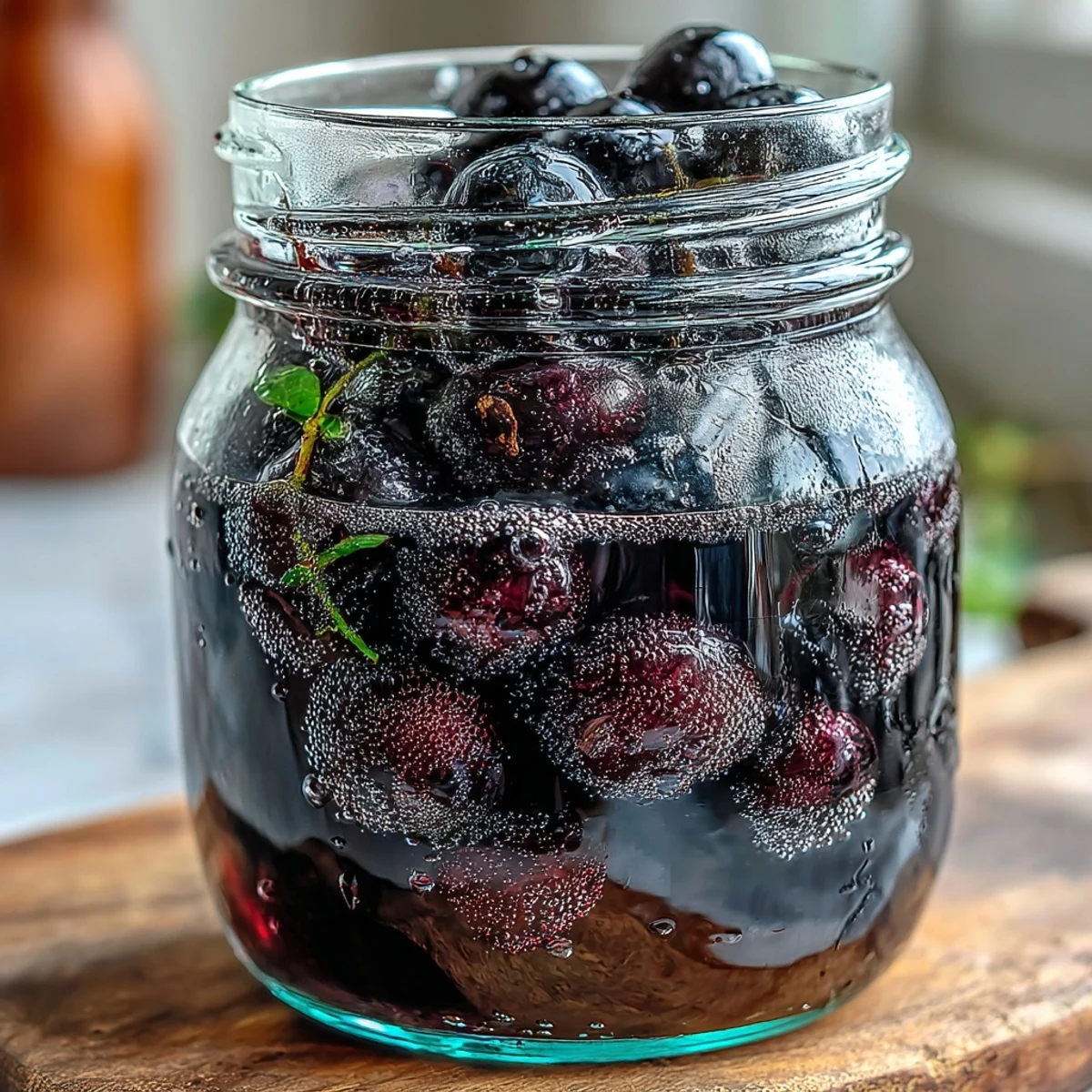 Homemade Blackcurrant Vodka Liqueur in a decorative bottle, ready to be served chilled over ice or used in cocktails.
