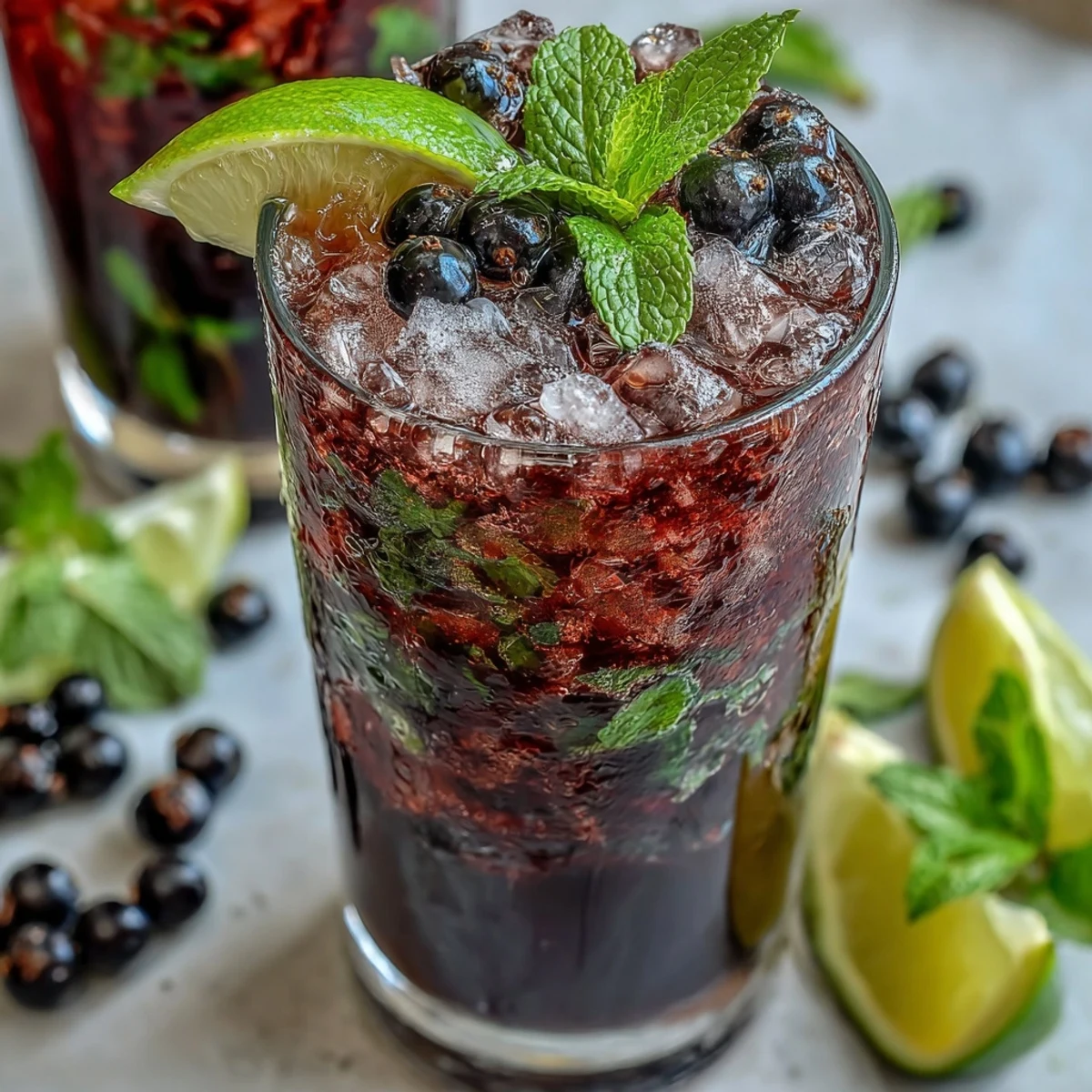 A refreshing Black Currant Mojito sits on a wooden table, garnished with mint leaves and black currants. 