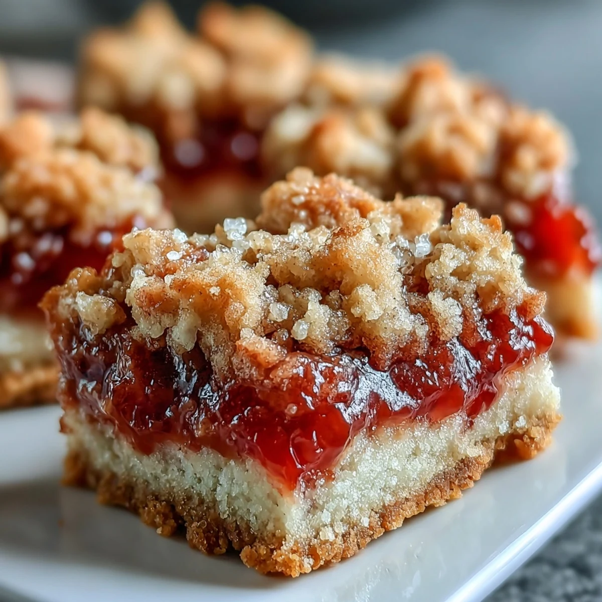 Golden-baked Guava Jam Bars with a crumbly streusel topping rest on a rustic wooden board.