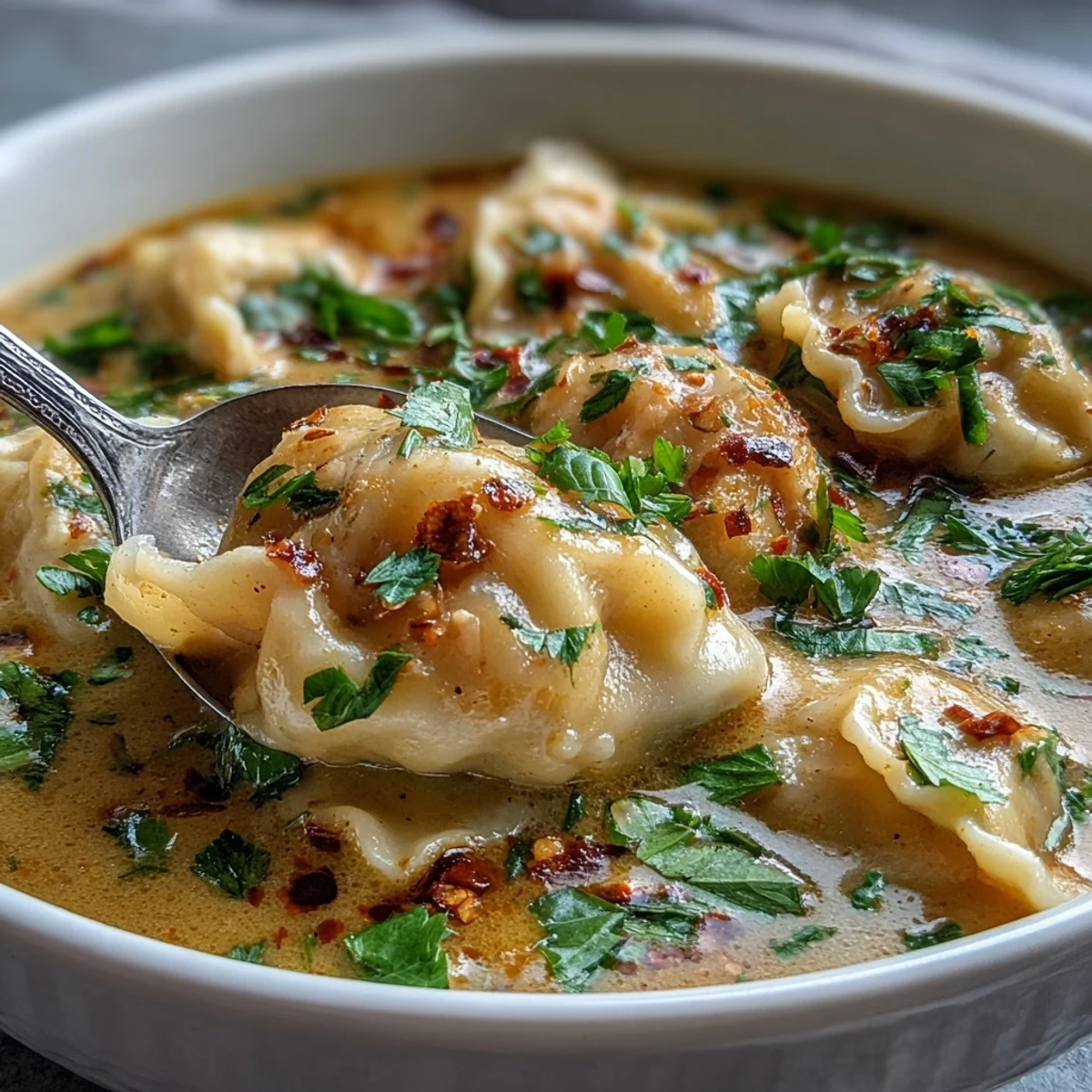 Comforting Quick Coconut Curry Soup with Dumplings ladled beside chili oil, vibrant vegetables, and fragrant herbs.