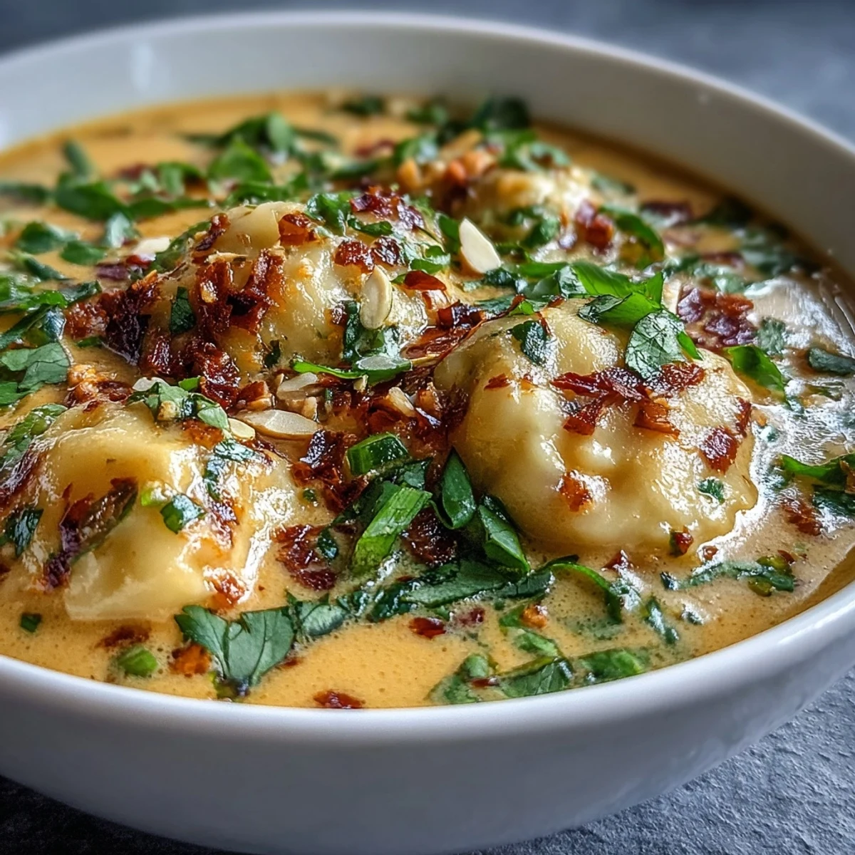 Bowl of Quick Coconut Curry Soup with Dumplings garnished with fresh cilantro, scallions, and crunchy garlic topping.