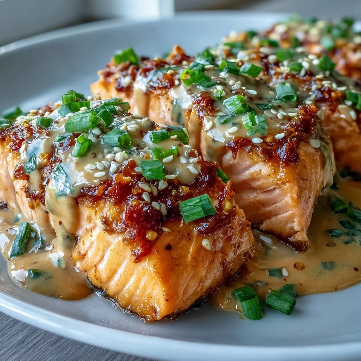 Freshly baked Bang Bang Salmon fillets glistening with creamy, spicy-sweet sauce, garnished with green onions and sesame seeds.