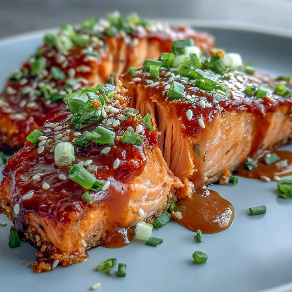 Easy weeknight Bang Bang Salmon recipe, drizzled with vibrant orange sauce and sprinkled with fresh chopped scallions.