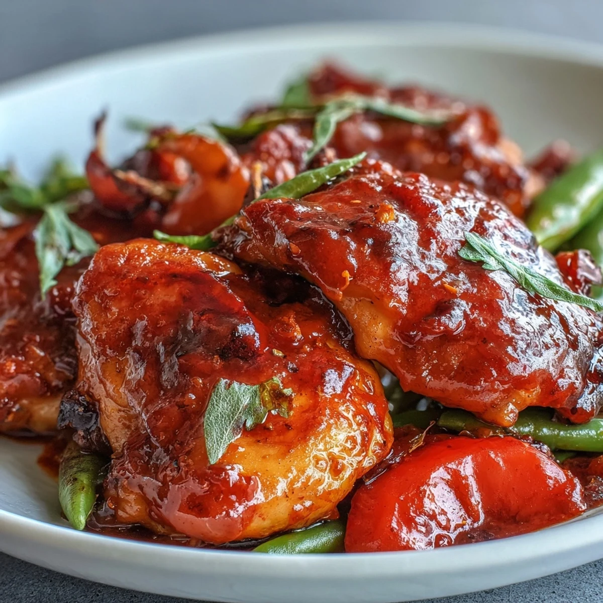 Golden, saucy Spicy Sweet Chicken Diablo with colorful bell peppers and snap peas served over fluffy jasmine rice.