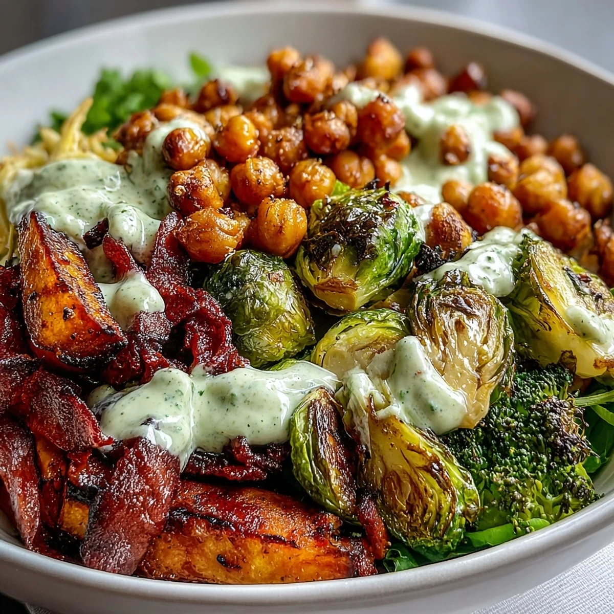 Golden roasted Brussels sprouts, sweet potato, and crispy chickpea bowls drizzled with creamy maple Dijon tahini dressing.