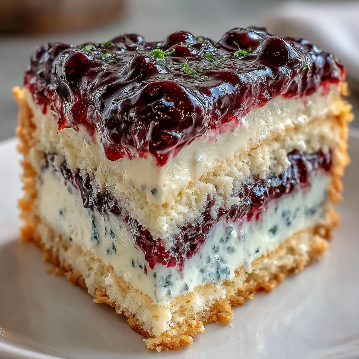 Freshly sliced Lemon Blueberry Shortbread Mousse Cake reveals layers of golden crust, creamy lemon mousse, and a rich blueberry topping.
